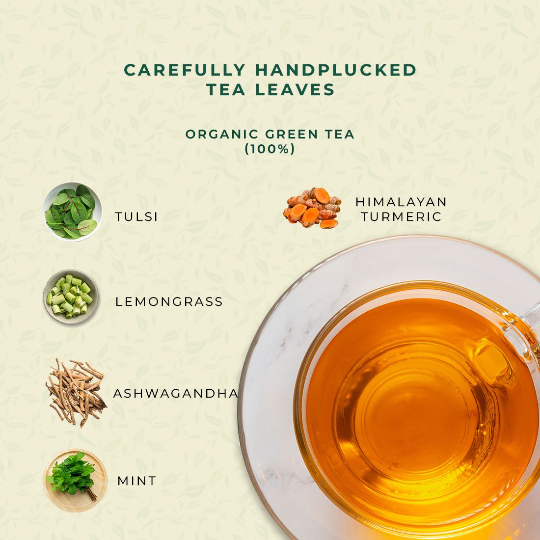 Tea with handplucked tea leaves, organic green tea, and various herbs  of Panchamrit - Ingredients 